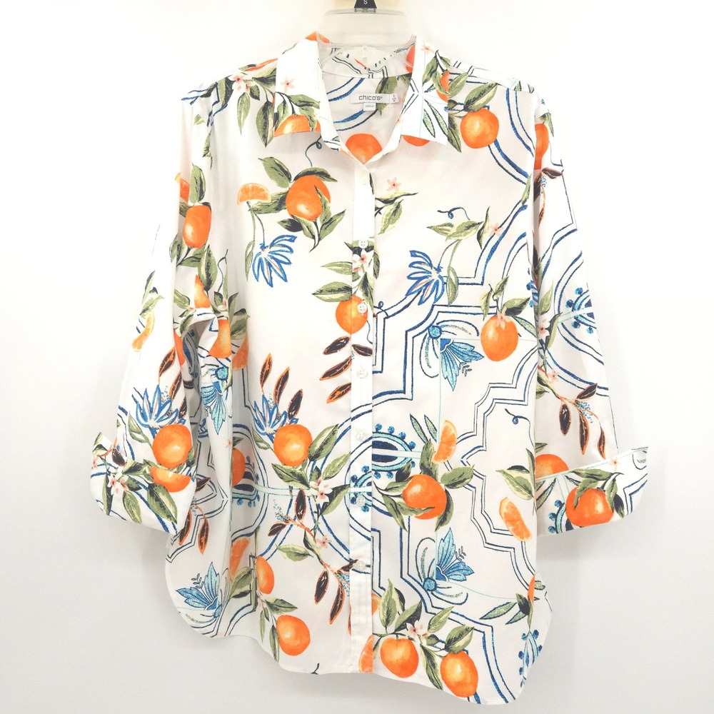 Chico's Button Down Shirt Womens 3 (XL) White Orange Citrus Long Sleeve